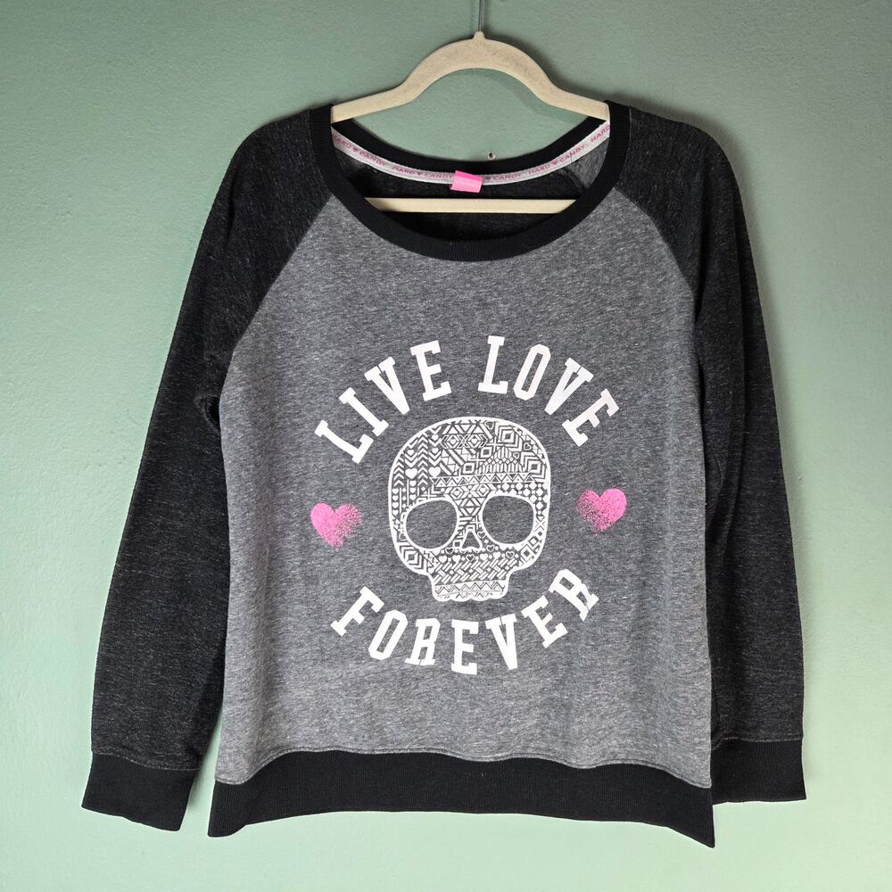 Hard Candy Womens Live Love Forever Skull Heart Gray Sweatshirt Size XL